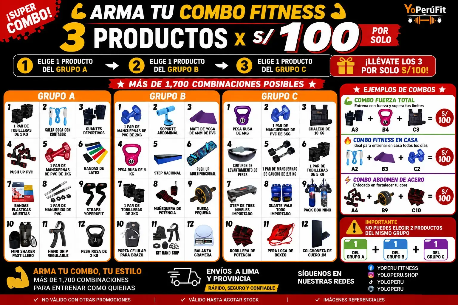 Combo Fitness 3 Productos por S/100 | Accesorios para Gimnasio en Casa
